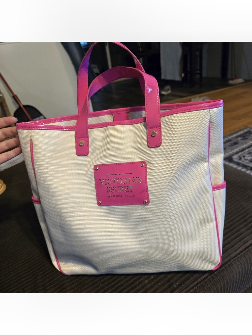 Victoria's Secret Cream Tote with Hot Pink Trim